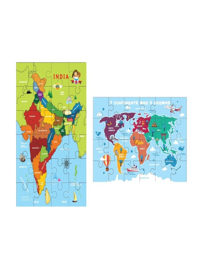 Khilonewale Combo of Wooden India Map & World Map Jigsaw Puzzles - 24-Piece Educational Geography Puzzle Toy for Kids, Toddlers & Preschoolers - Image 1